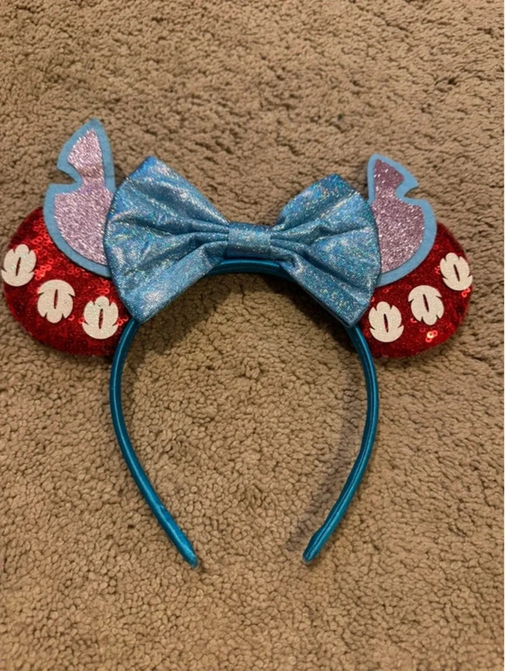 Disney Stitch Blue and Red Sequin Bow Headband with Mouse Ear Design
